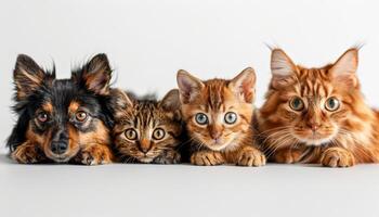 Four cats and a dog are laying on a white background. The cat on the left is black and brown, the one in the middle is orange, and the one on the right is also orange photo