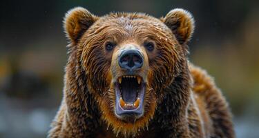 A bear with its mouth open and teeth bared. The bear is angry and ready to attack photo