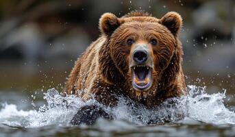 A brown bear is running through the water with its mouth open, making a loud noise. The bear appears to be in a playful mood, enjoying the water and the freedom of running photo