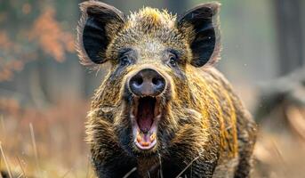 A pig is standing in a field with its mouth open, making a loud noise. The scene is wild and untamed, with the pig being the center of attention photo