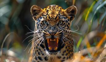 A young leopard is standing in the grass with its mouth open, showing its teeth. Concept of danger and aggression, as the leopard appears to be ready to attack photo