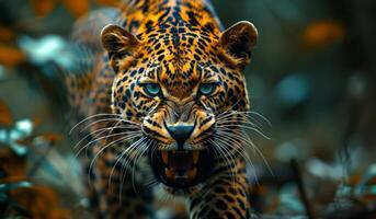 A leopard is shown in a forest with a blue eye. The leopard is looking at the camera and he is angry photo