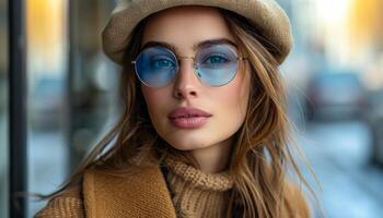 A woman wearing a brown hat and a sweater with blue glasses. She has a nice smile and is looking at the camera photo