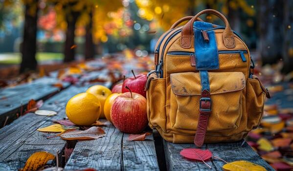 A yellow backpack is on a wooden bench with apples and leaves. The backpack is open and the apples are scattered around it. The scene has a rustic and natural feel to it, with the apples photo