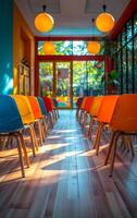 A room with many colorful chairs and a large window. The chairs are arranged in rows and the room is bright and cheerful photo