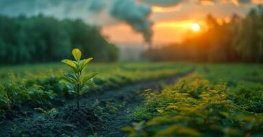 A small plant is growing in a field with a beautiful sunset in the background. Concept of growth and renewal, as the plant is just beginning to sprout and the sun is setting photo