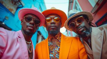 Three men wearing orange suits and hats pose for a photo. Scene is lighthearted and fun, as the men are dressed in bright colors and are smiling for the camera photo