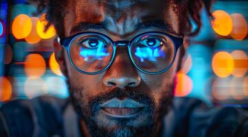 A man with glasses is staring at the camera. The image has a moody and mysterious feel to it, as the man's gaze seems to be focused on something beyond the frame photo