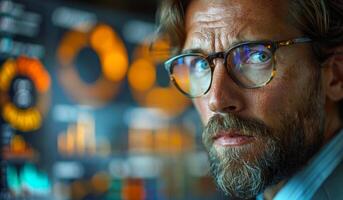 A man with glasses is looking at a computer screen with a lot of numbers and graphs. Concept of focus and concentration as the man studies the data photo