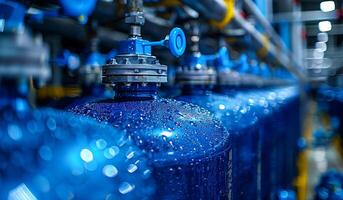 A blue container with a blue lid is shown in a factory setting. Concept of industrial production and the importance of the blue containers in the process photo