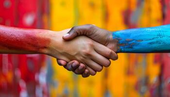 Two hands shaking in a handshake with a colorful background. The handshake is symbolic of peace and unity photo