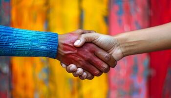 Two hands shaking in a handshake. The background is a colorful mural. The handshake is a symbol of peace and unity photo