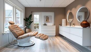 A spa room with a tan chair and a potted plant. The room is clean and well-lit, with a mirror on the wall and a vase on a table. The overall mood of the room is calm and relaxing photo