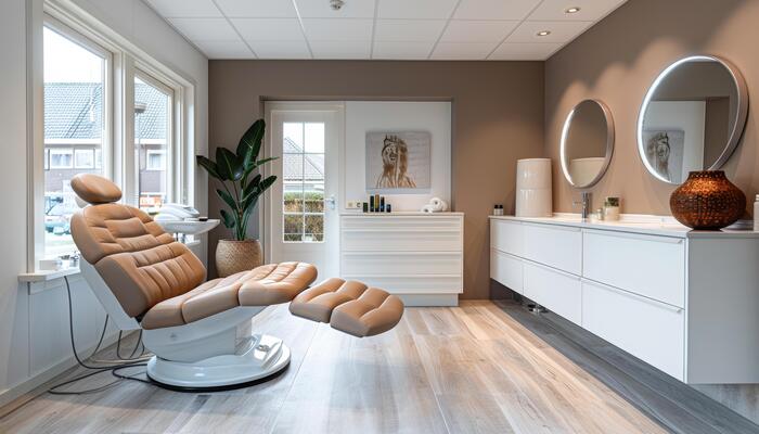 A spa room with a tan chair and a potted plant. The room is clean and well-lit, with a mirror on the wall and a vase on a table. The overall mood of the room is calm and relaxing