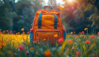 A bright orange backpack sits in a field of flowers. The backpack is the main focus of the image, and the flowers surrounding it create a peaceful and serene atmosphere photo