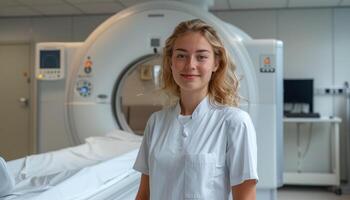 A woman in a white lab coat stands in front of a medical imaging machine. She is smiling and she is happy photo