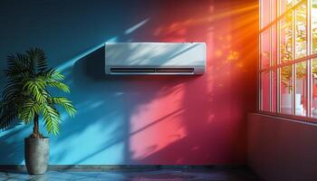 A white air conditioner is mounted on the wall in a room with a red and blue wall. The room has a bright and sunny atmosphere, with a potted plant in the corner photo