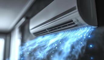 A white air conditioner is blowing out blue smoke. The smoke is coming out of the air conditioner and is creating a cool mist photo