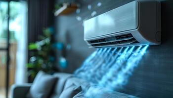 A white air conditioner is blowing out blue mist. The mist is coming out of the air conditioner and is creating a cool and refreshing atmosphere in the room photo