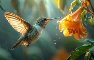 A hummingbird is drinking nectar from a flower. The image has a peaceful and serene mood, as the bird is in its natural habitat, enjoying the beauty of the flower photo