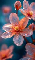 A close up of a bunch of pink flowers with droplets of water on them. The flowers are arranged in a way that makes them look like they are in a vase photo