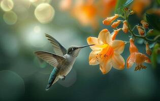 A hummingbird is drinking nectar from a flower. The flower is orange and has a yellow center. The image has a peaceful and serene mood photo