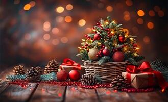 A Christmas tree with red ornaments sits on a wooden table. The tree is surrounded by pine cones and presents. The scene conveys a festive and joyful mood, as it is a typical Christmas setting photo