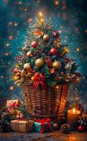 A Christmas tree with many ornaments is in a basket. The basket is on a table with a few presents and candles photo