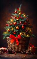 A small Christmas tree is in a basket with red ribbon and gold ornaments. The tree is surrounded by pine cones and presents photo