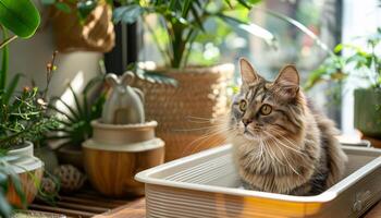 A cat is sitting in a litter box in front of a plant. The cat is looking at the camera with a curious expression. The scene is peaceful and calm, with the cat and plants creating a relaxing atmosphere photo
