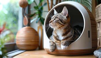 A cat is laying in a cat house with a window behind it photo