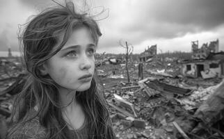 A girl with long hair is looking at the camera with a sad expression. The image is in black and white and shows a destroyed area photo
