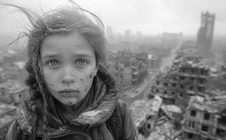 A girl with a black scarf on her face is standing in front of a city. The city is in ruins and the girl appears to be in a state of shock photo
