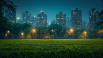 A city park with a large grassy field and tall buildings in the background. The sky is dark and the city lights are on photo