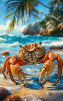 A crab is standing on the beach, looking out at the ocean. The scene is peaceful and serene, with the crab being the main focus of the image photo