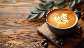 A cup of coffee with a leaf on top of it. The coffee is brown and has a heart shape on top photo