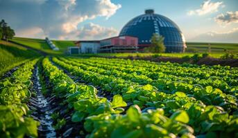 un campo de verde lechuga plantas es creciente en un campo. el campo es rodeado por un rojo granero y un grande Cúpula estructura. el atmósfera de el imagen es pacífico y sereno foto