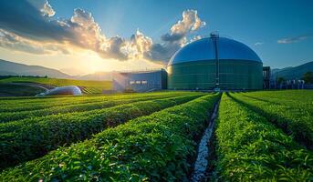 A large green dome sits in a field of green plants. The sun is setting, casting a warm glow over the scene. The dome is surrounded by rows of plants, creating a peaceful and serene atmosphere photo