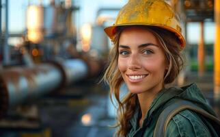 A woman wearing a yellow hard hat and a green jacket is smiling. She is standing in front of a large industrial building photo