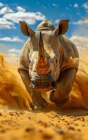 A rhino is running through the desert, kicking up sand and dust. The scene is dynamic and full of energy, with the rhino's powerful movements creating a sense of motion and excitement photo