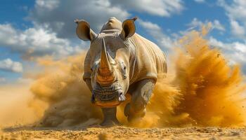 A rhino is running through the desert, kicking up a cloud of dust. The scene is intense and dramatic, with the rhino's powerful movements and the swirling dust creating a sense of motion and energy photo