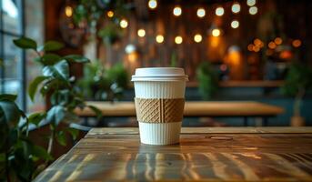 A white coffee cup with a brown handle sits on a wooden table. The cup is covered with a paper sleeve and has a lid on top. The scene takes place in a cafe with a few potted plants in the background photo
