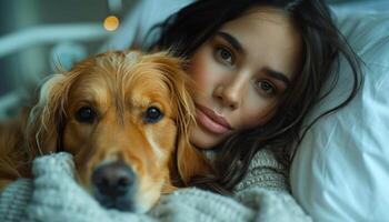 A woman is laying on a bed with a dog on her lap. The woman has brown hair and is wearing a sweater. The dog is a golden retriever. The scene is cozy and warm, with the woman photo