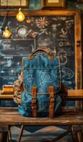 A blue backpack sits on a wooden table in front of a chalkboard. The backpack is worn and has a few stains on it. The chalkboard behind the backpack is covered in drawings and equations photo