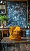 A yellow backpack sits on a wooden desk in front of a chalkboard with a drawing of a clock on it photo
