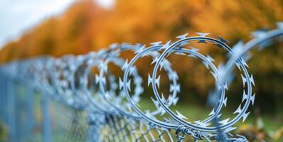 A fence with barbed wire on top of it. The fence is on the side of a road, and there are trees in the background photo