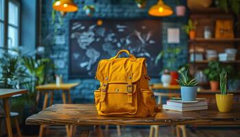 A yellow backpack sits on a wooden table in a room with a chalkboard on the wall. The backpack is placed in front of a potted plant and a few books. The room has a cozy and welcoming atmosphere photo