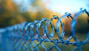A fence with a wire wrapped around it. The wire is blue and has a sharp point. The fence is surrounded by trees photo