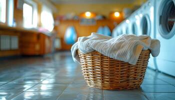 A basket of white towels sits on a tiled floor in a laundromat. Concept of order and cleanliness, which is typical of a laundromat photo