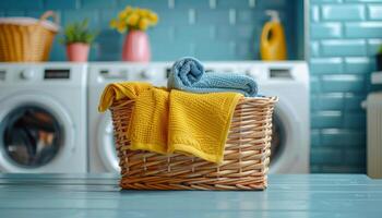 A basket of towels and a yellow towel sits on a table. The basket is on a counter in a kitchen photo